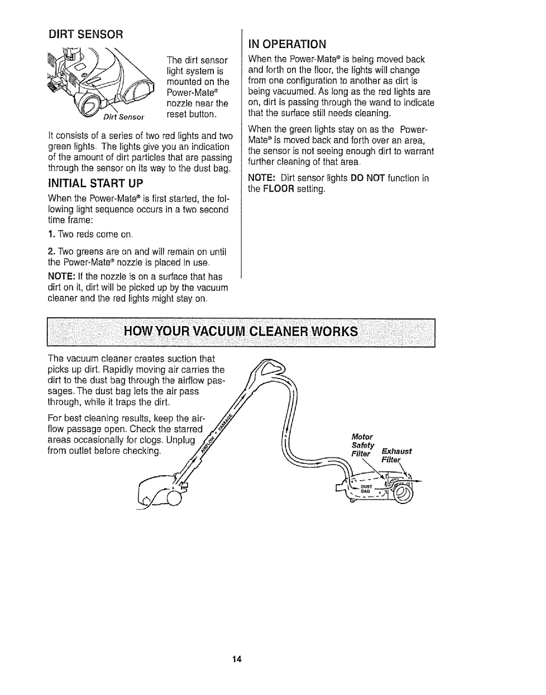 Kenmore 116.25812 owner manual Dirt Sensor Operation, Safety haust 