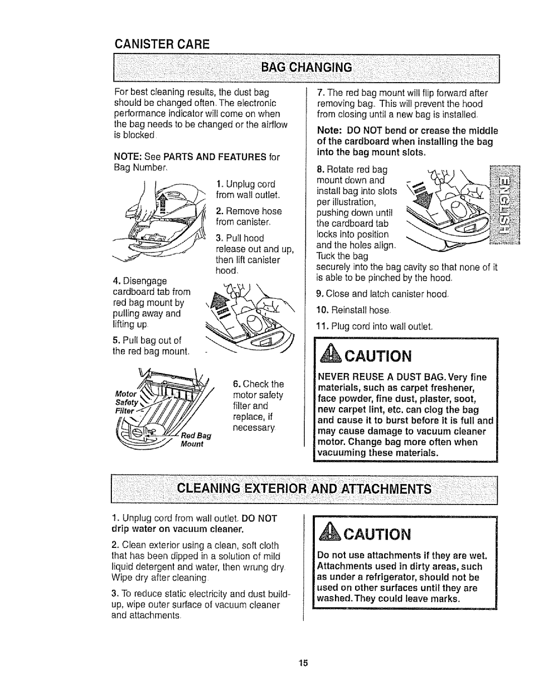 Kenmore 116.25812 owner manual Canister Care, Unplug cord from wail outlet, Safety, Filte 