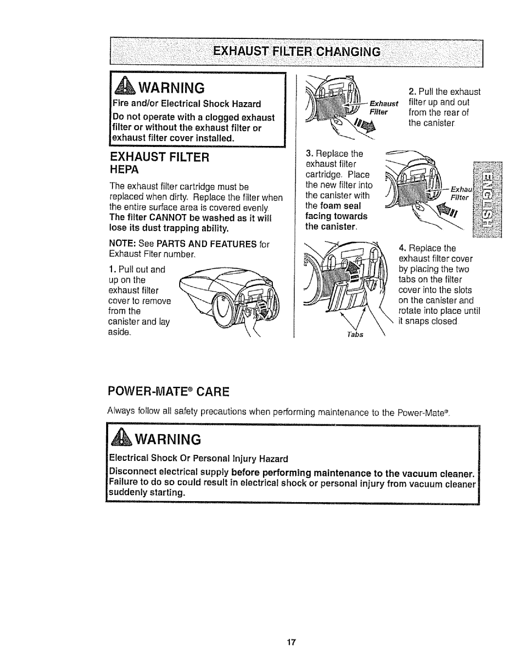 Kenmore 116.25812 Exhaust Filter, It snaps closed Rotate into place until, Electrical Shock Or Personal Injury Hazard 