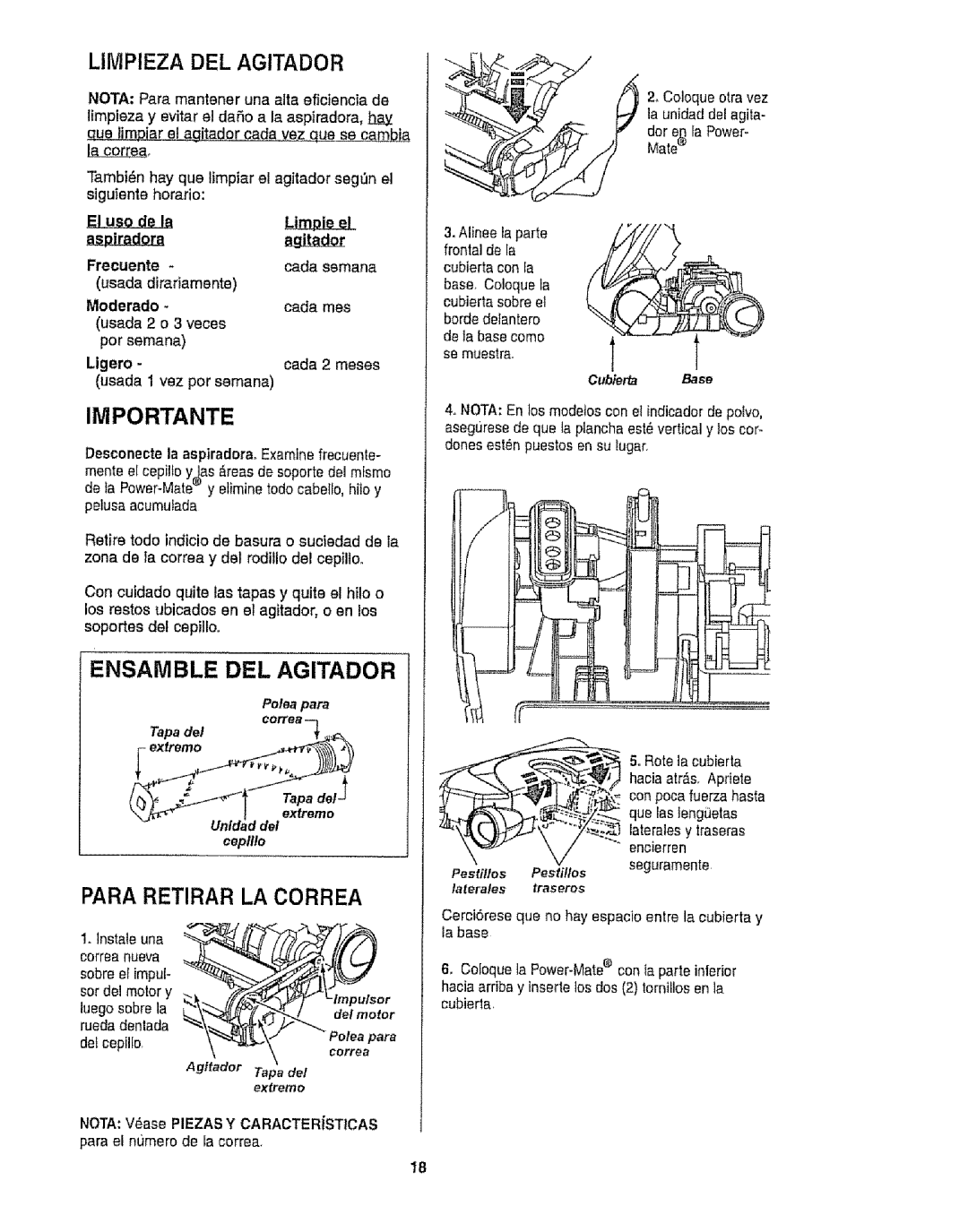 Kenmore 116.25812 owner manual Limpieza DEL Agitador, Para Retirar LA Correa, Cepllto 