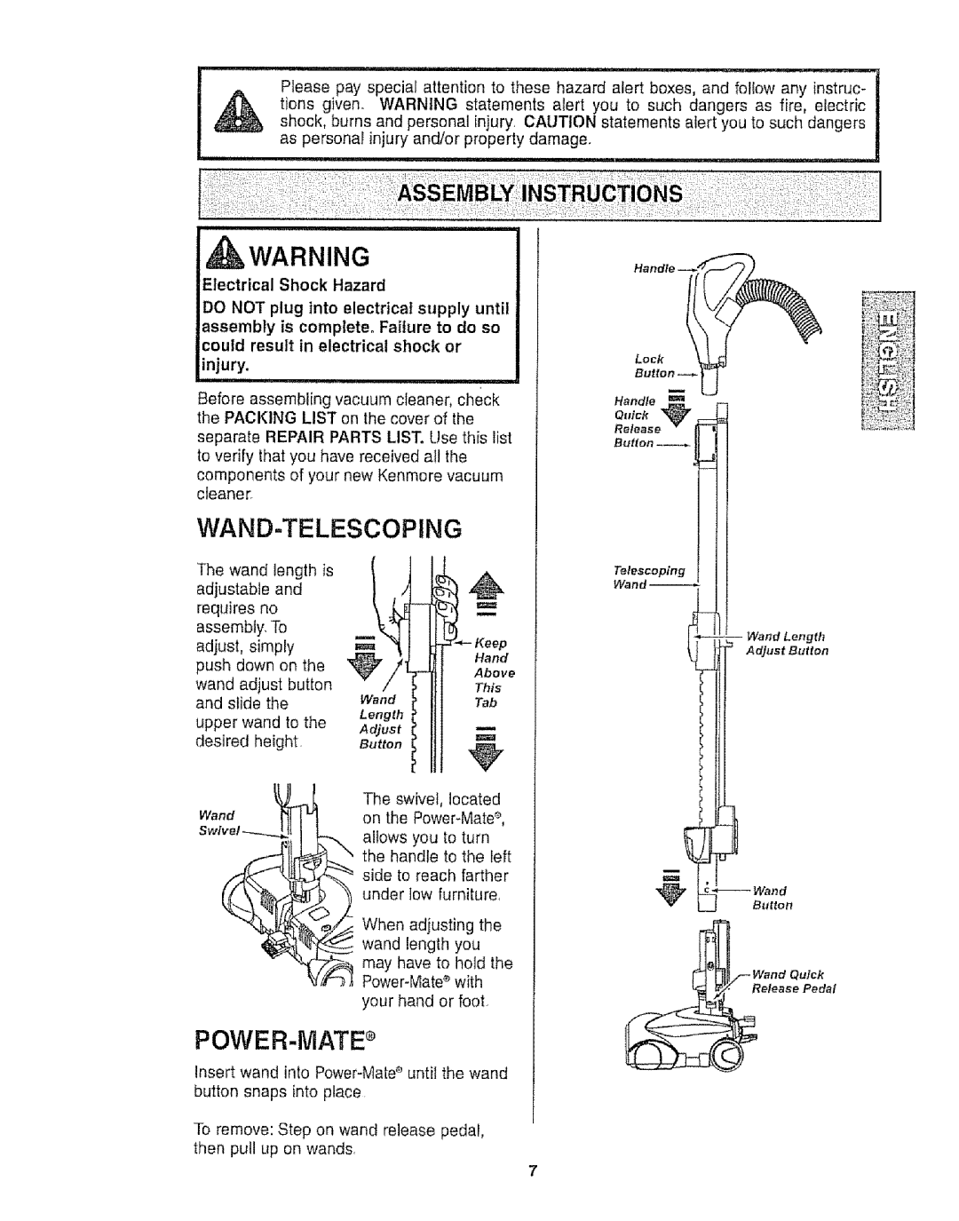 Kenmore 116.25812 owner manual Wand-Telescoping, Power-Mate 