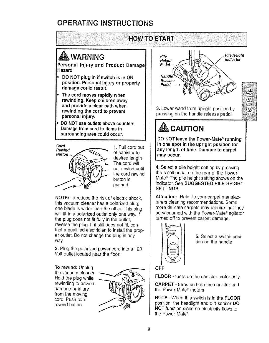 Kenmore 116.25812 owner manual Select a switch posi- tion on the handle, Personal injury, Cord, Rewind, Off 