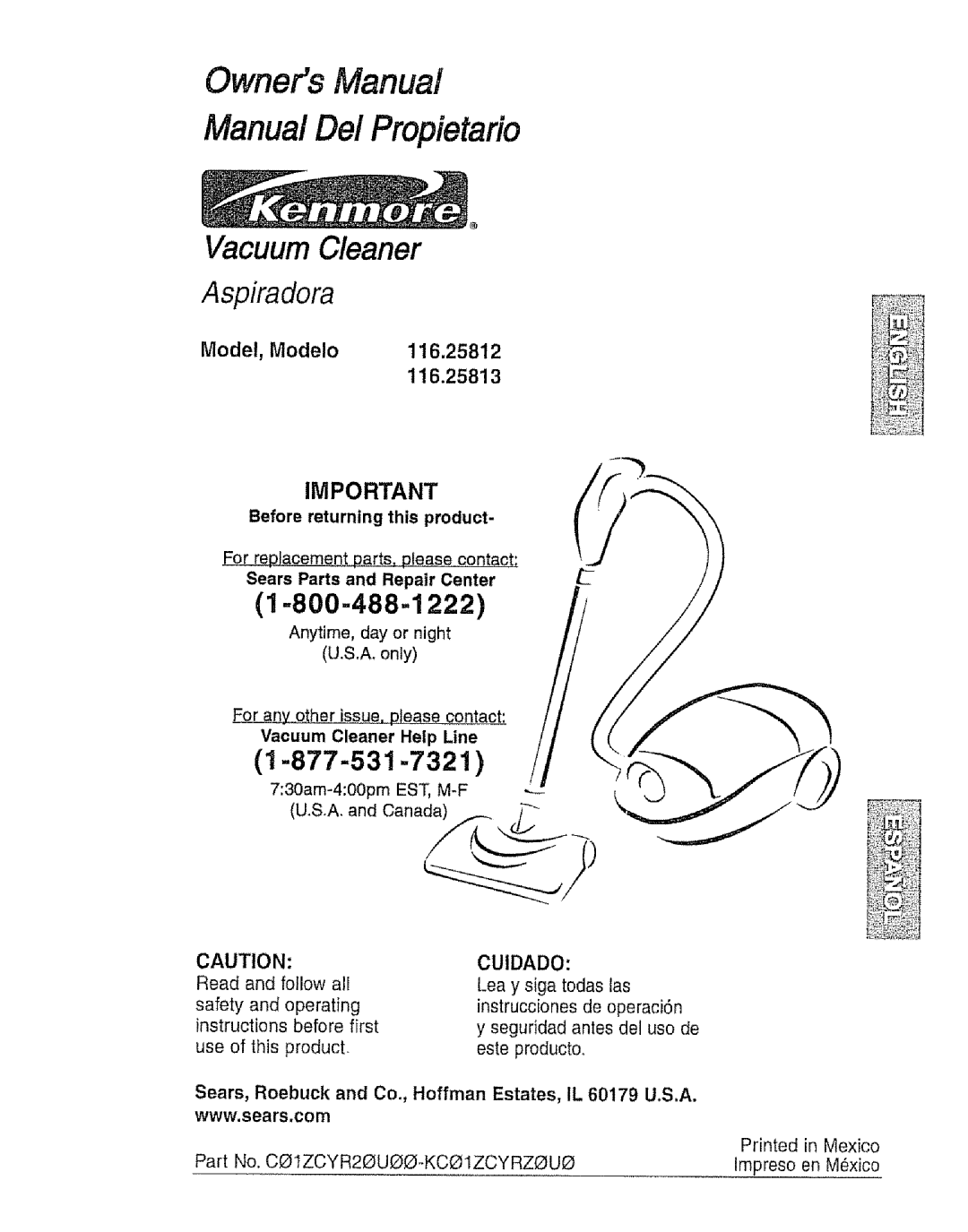 Kenmore 116.25812 owner manual 1-800-488-1222, 1-877-531-7321, Owners Manual Manual Dei Propietario 