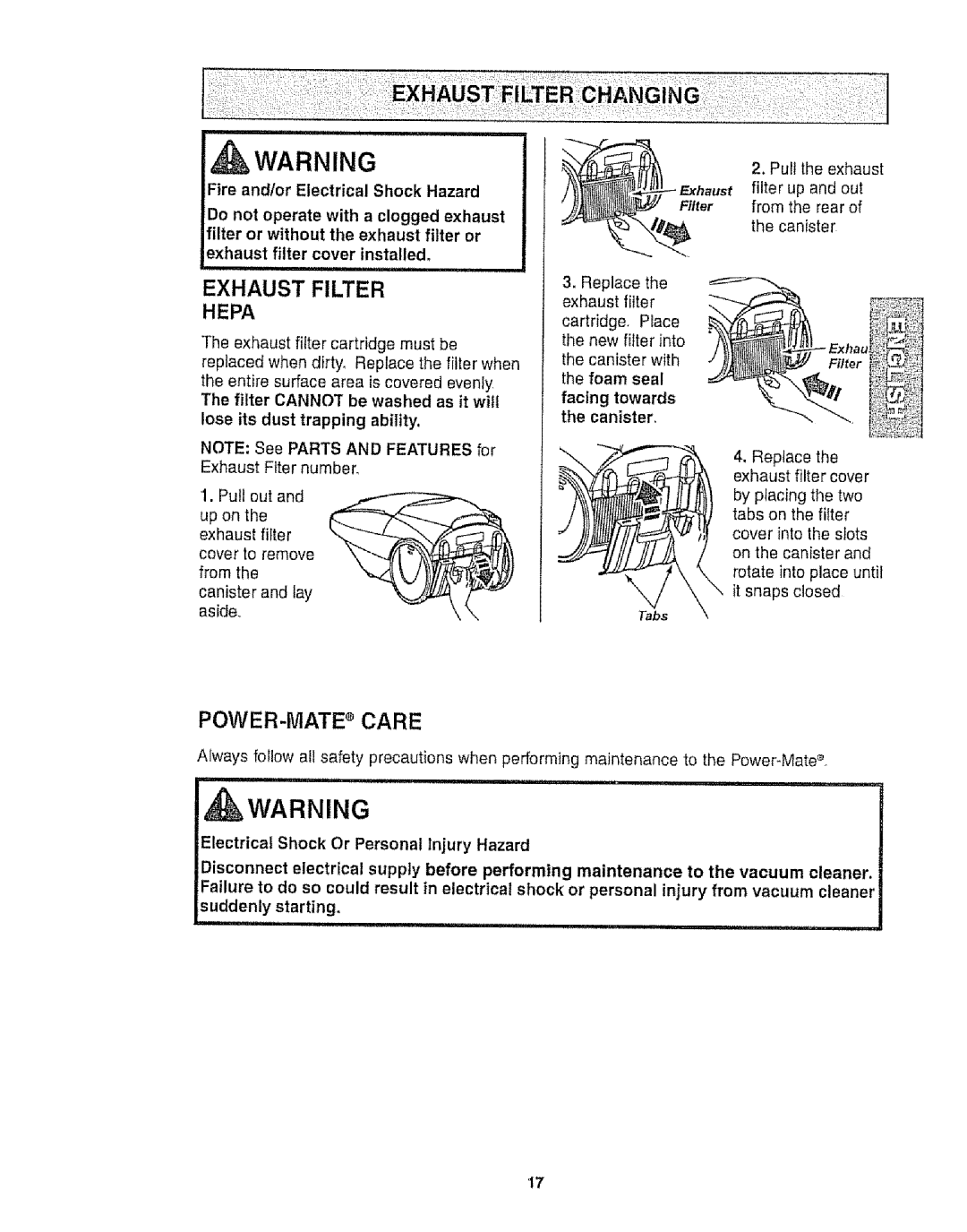 Kenmore 116.25812 owner manual Exhaust Filter, POWER-MATEe CARE, d WARNING 