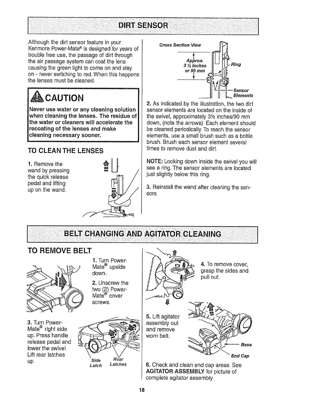 Kenmore 116.25812 owner manual To Remove Belt, To Clean The Lenses 