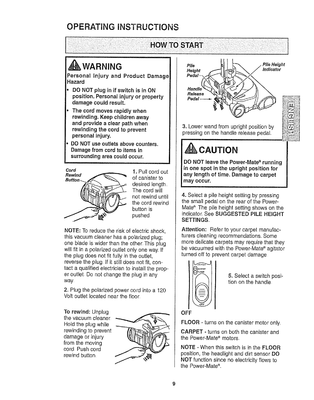 Kenmore 116.25812 owner manual OPERATING iNSTRUCTiONS, personal injury, Cord, Rewind, ++++++:,7, Settings 