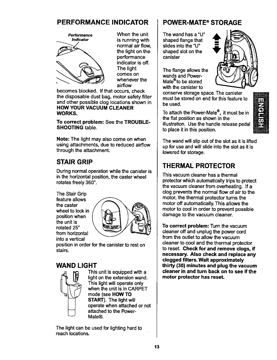 Kenmore 116.25915, 116.25914 Performance Indicator, Stair Grip, Wand Light, POWER-MATE Storage, Thermal Protector 