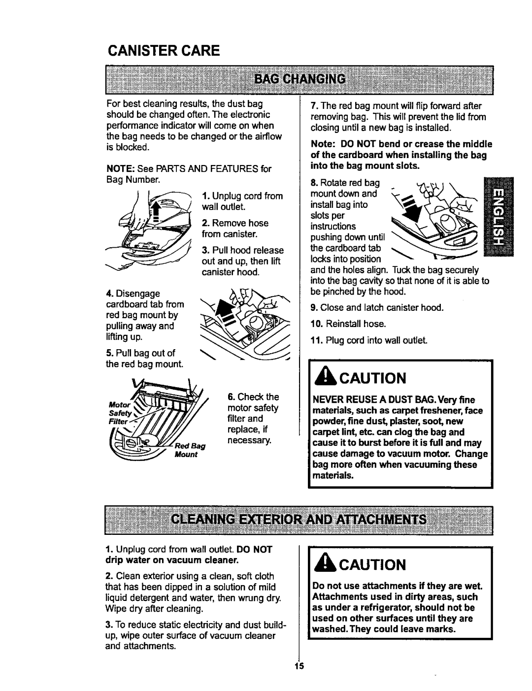 Kenmore 116.25915 Canister Care, For best cleaning results, the dust bag, Motor safety filter Replace, if necessary 