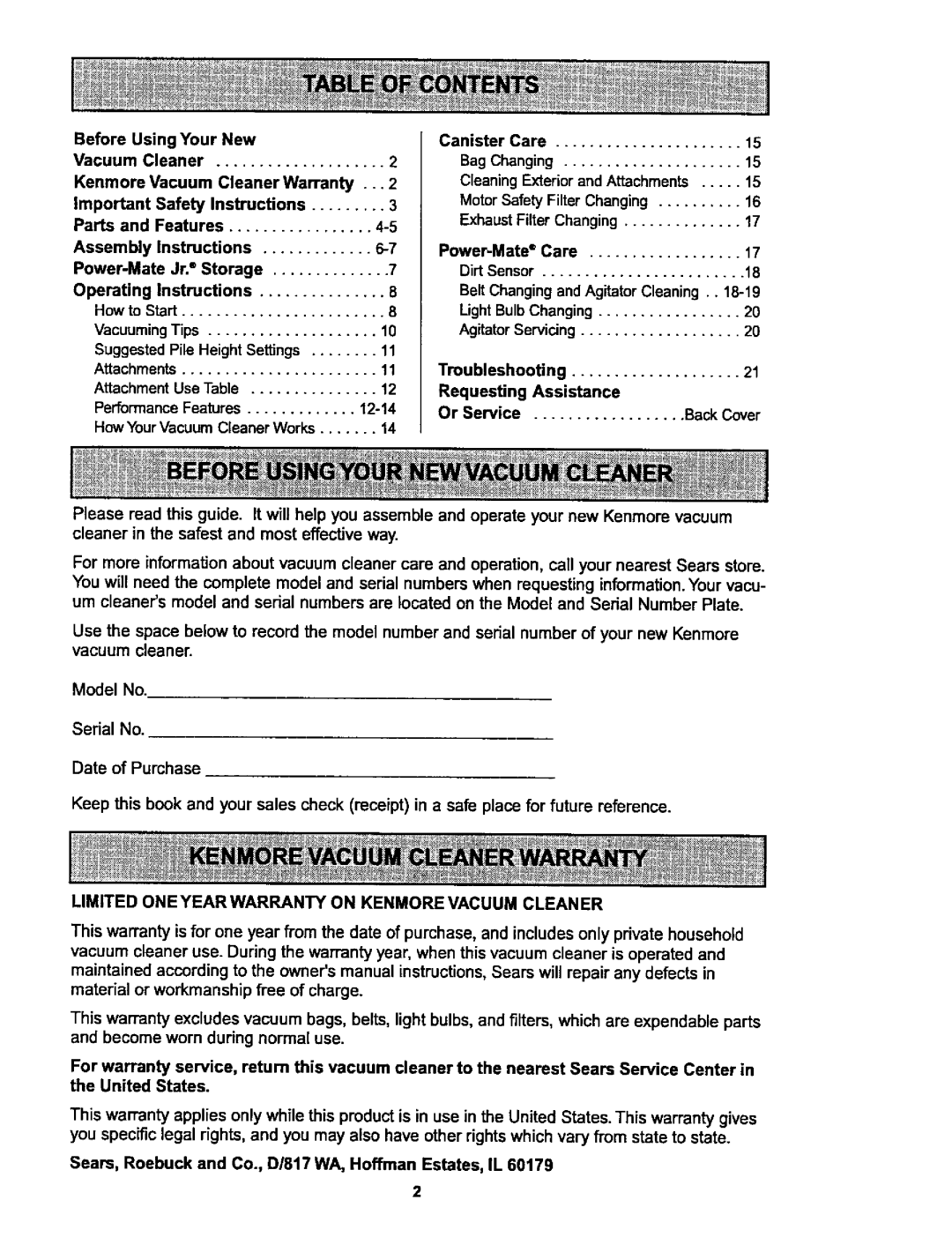 Kenmore 116.25914, 116.25915 owner manual Limited Oneyearwarranty on Kenmore Vacuum Cleaner 