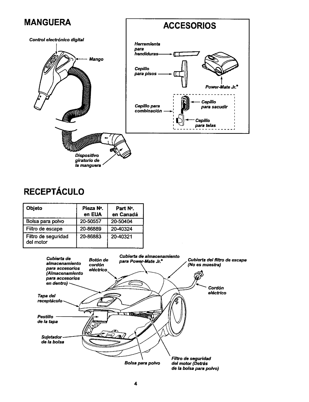 Kenmore 116.25914, 116.25915 owner manual Mangueraaccesorios, Receptaculo 