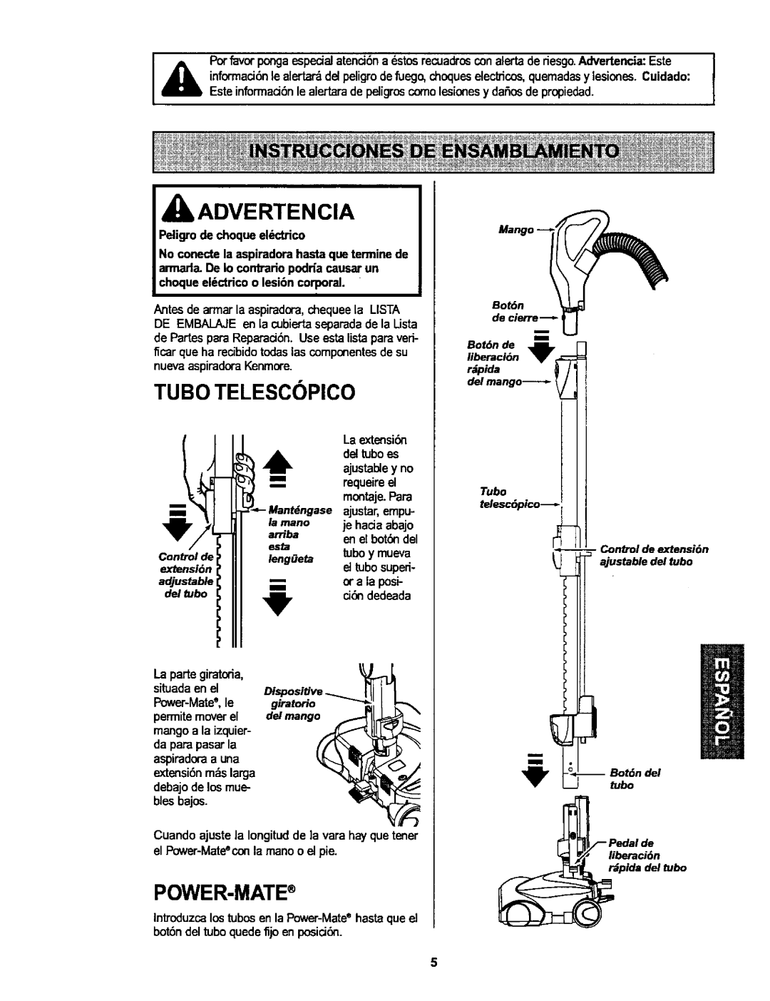 Kenmore 116.25915, 116.25914 owner manual Advertencia, Tubo Telescopico 