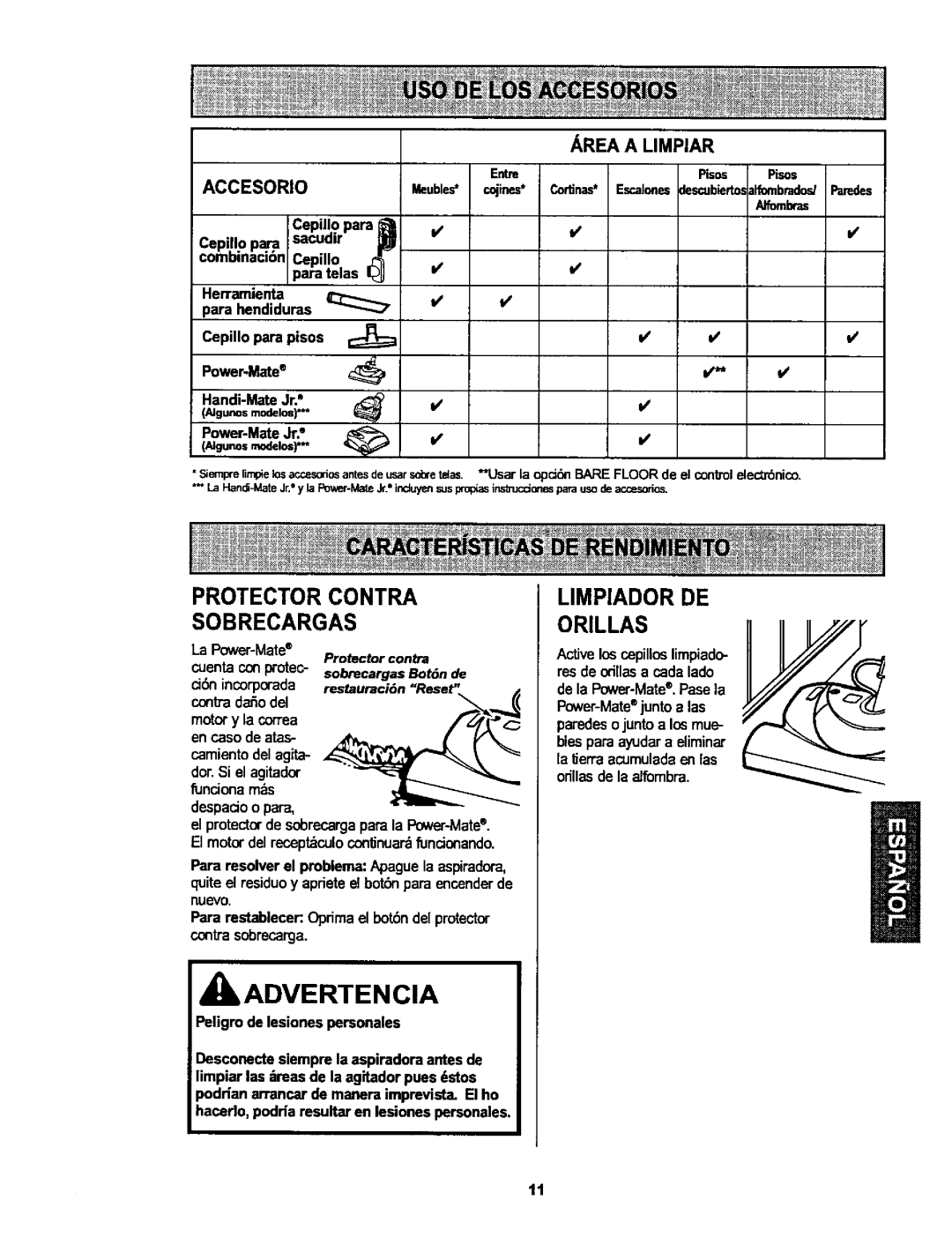 Kenmore 116.25915, 116.25914 owner manual Protector Contra Sobrecargas, Limpiador DE Orillas 