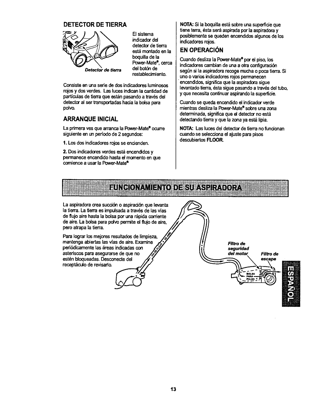 Kenmore 116.25915, 116.25914 owner manual Detector de tierra, El sistema, Cuandodeslizala Power-Mate por el piso,los 