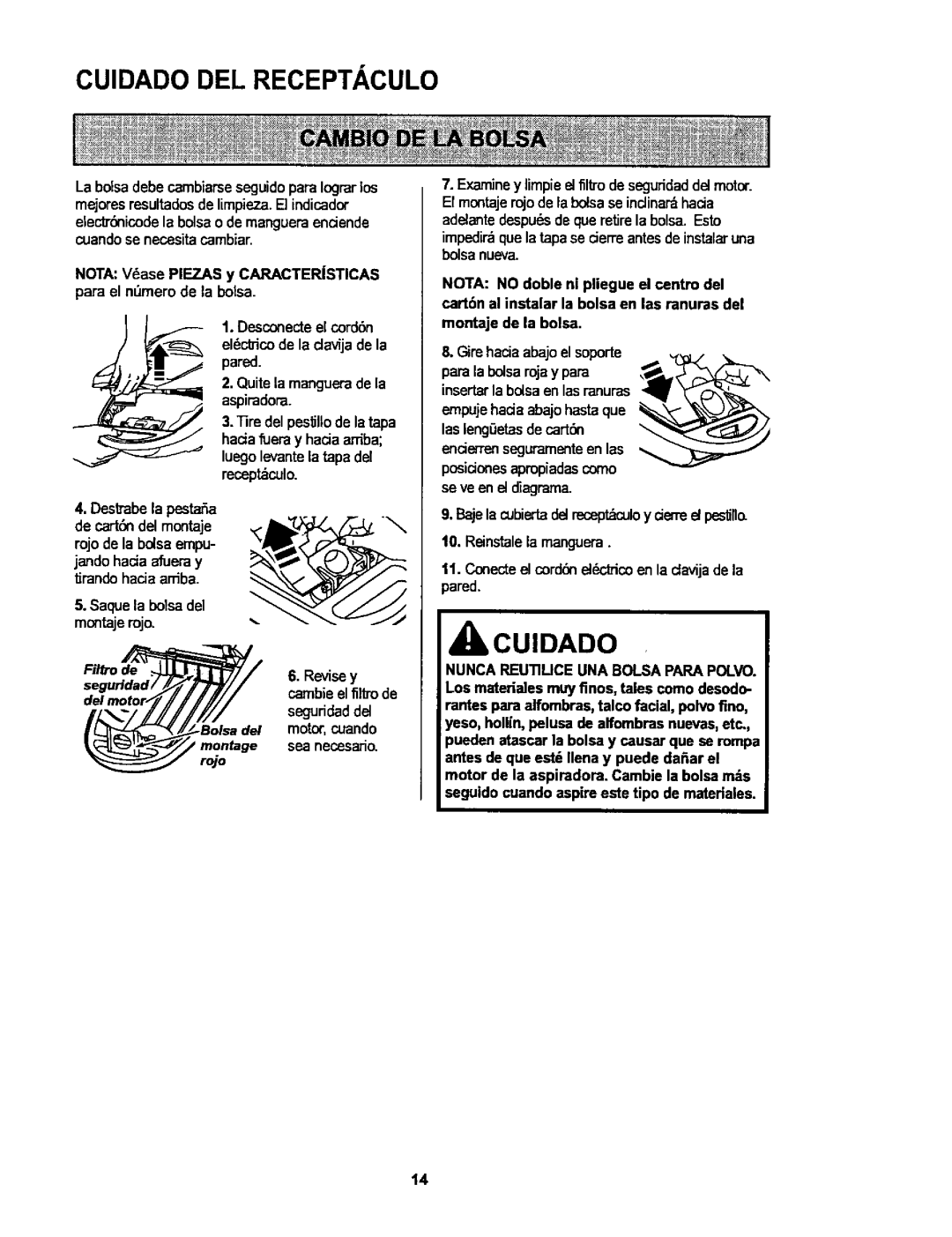 Kenmore 116.25914, 116.25915 owner manual Cuidado DEL Receptaculo, Filtro de, SeguHdad, Nunca Reutiuce UNA Bolsa Parapolvo 