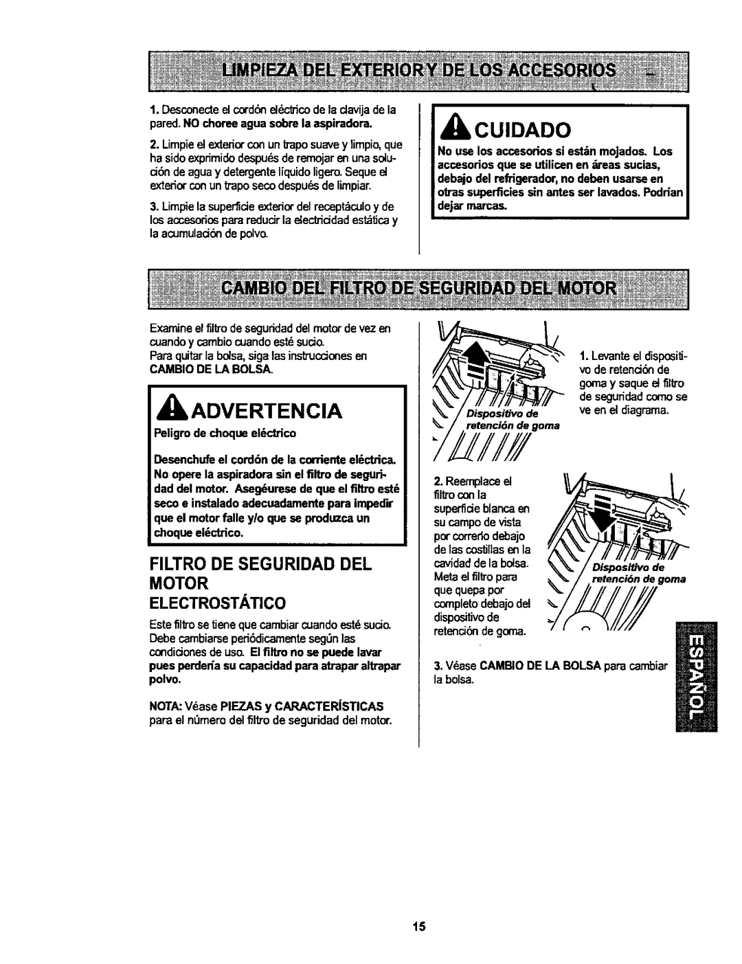 Kenmore 116.25915, 116.25914 owner manual Filtro DE Seguridad DEL Motor Electrostatico, Cambio DE LA Bolsa 