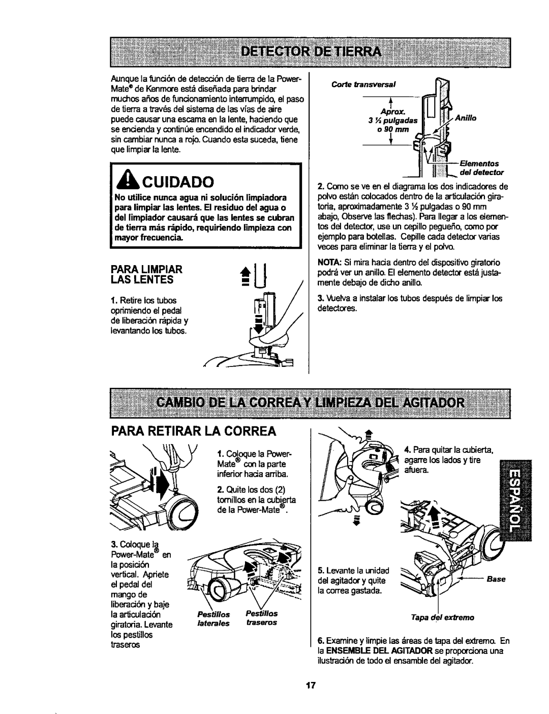 Kenmore 116.25915, 116.25914 owner manual Para Retirar LA Correa, =pulgadas Anillo 90 mm, Pestillos, Laterales Traseros 