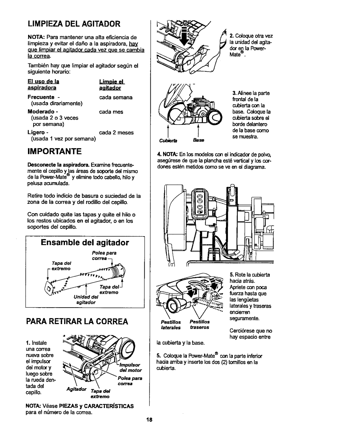 Kenmore 116.25914, 116.25915 owner manual Limpieza DEL Agitador, Importante 