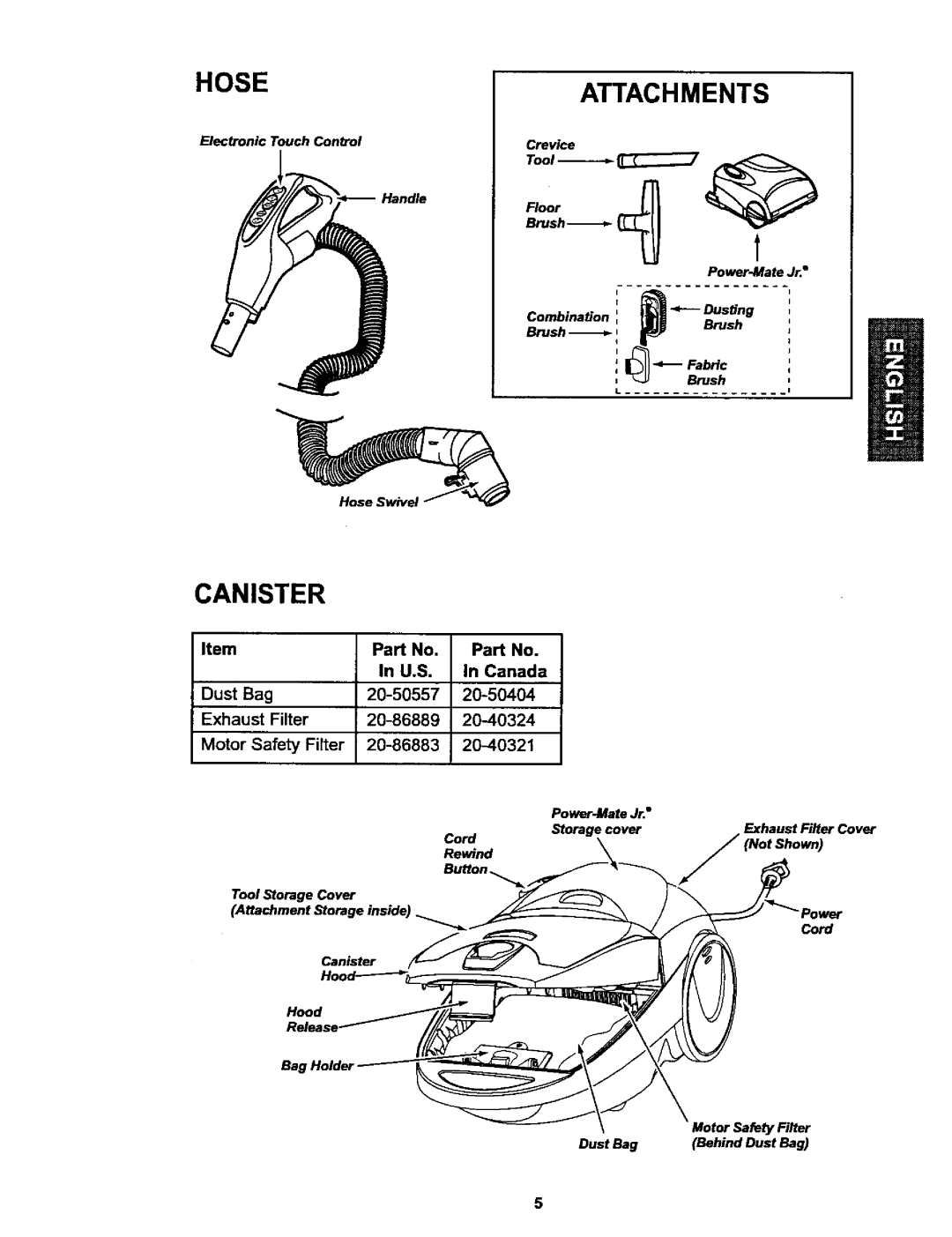 Kenmore 116.25915, 116.25914 owner manual Hoseattachments, Cord 