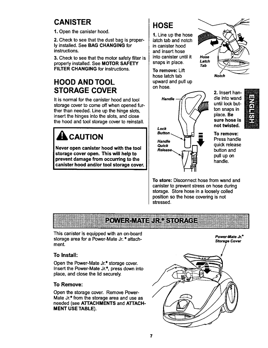 Kenmore 116.25915, 116.25914 owner manual Hood and Tool Storage Cover, Quick Release, Ment USE Table 