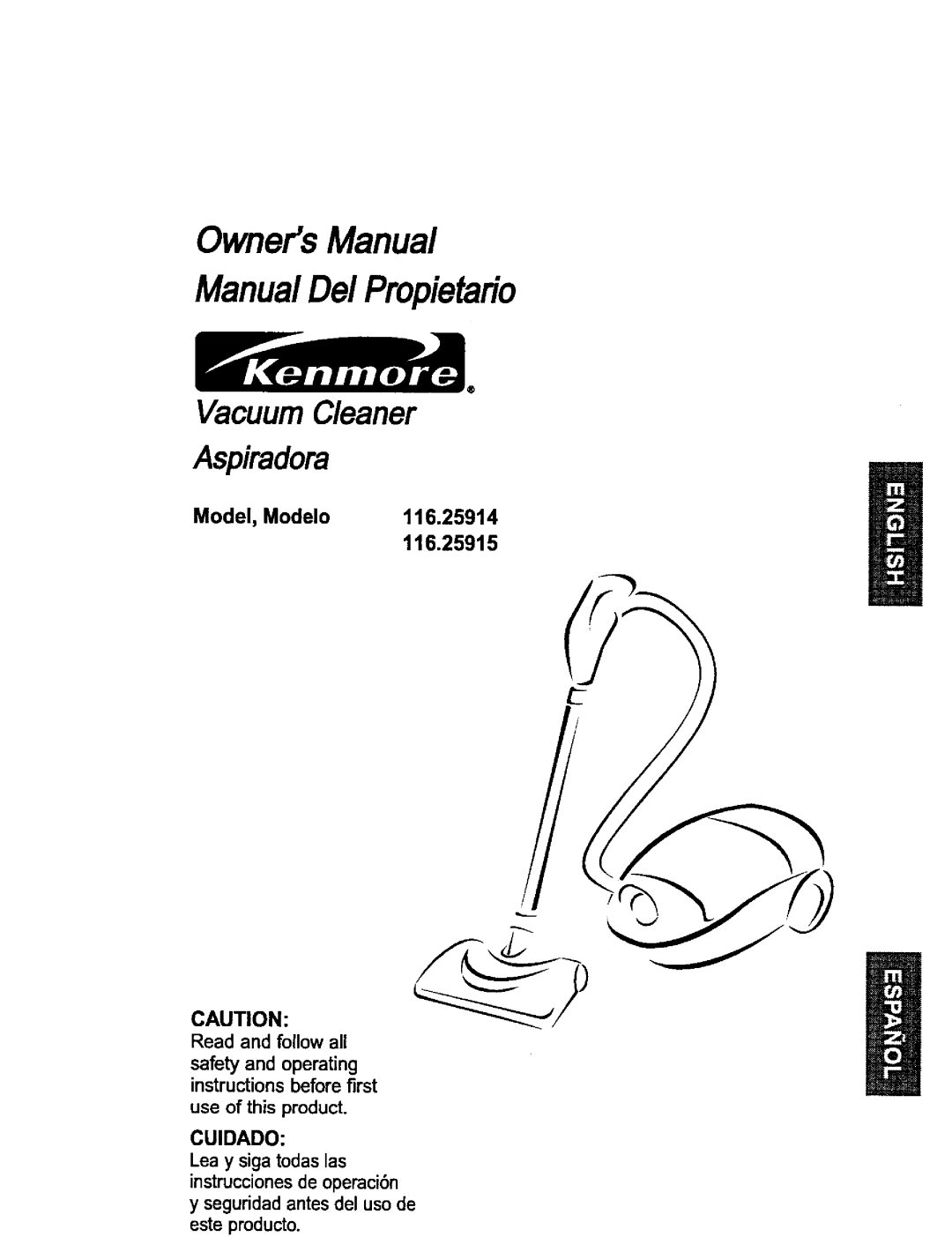 Kenmore 116.25915 owner manual ManualDe/Propietafio, Model, Modelo 116.25914, Read and follow all, Owners Manual 