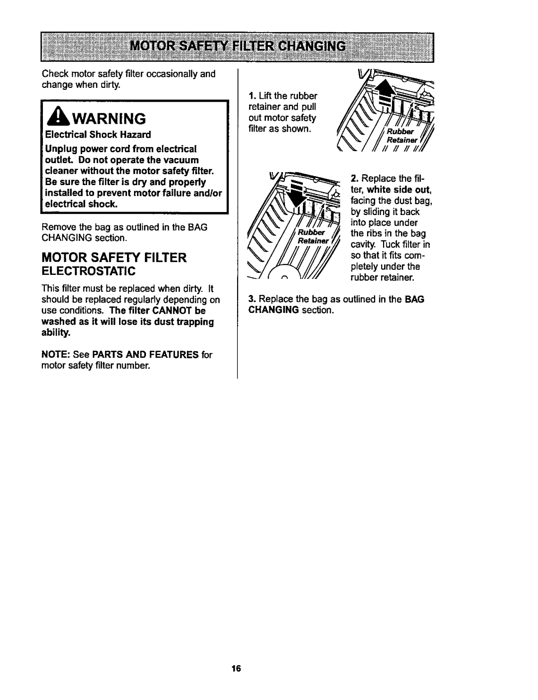 Kenmore 116.25914, 116.25915 owner manual IbWARNING, Motor Safety Filter Electrostatic 
