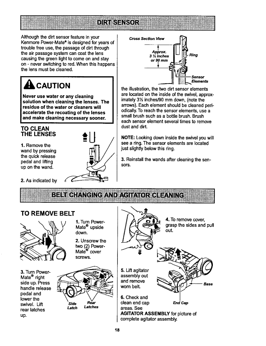 Kenmore 116.25914, 116.25915 owner manual To Remove Belt, To Clean The Lenses 