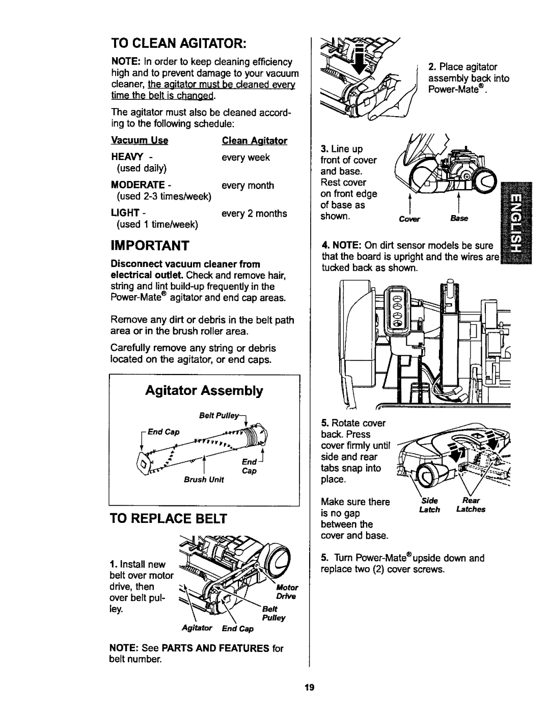 Kenmore 116.25915, 116.25914 owner manual To Clean Agitator, Assembly, To Replace, Belt, Turn Power-Mateupside down and 