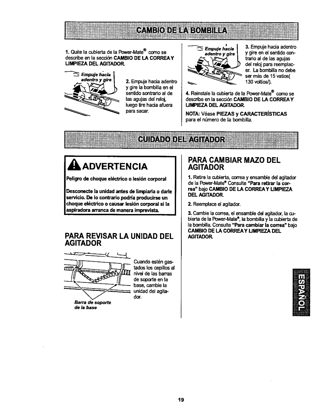 Kenmore 116.25915, 116.25914 owner manual Para Revisar La Unidad Del Agitador, Para Cambiar Mazo Del Agitador, Advertencia 