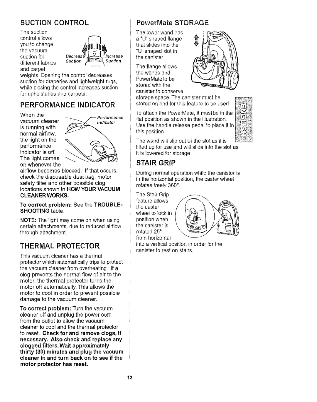 Kenmore 116.27514, 116.27515 owner manual Suction Control, Performance Indicator, Stair Grip 