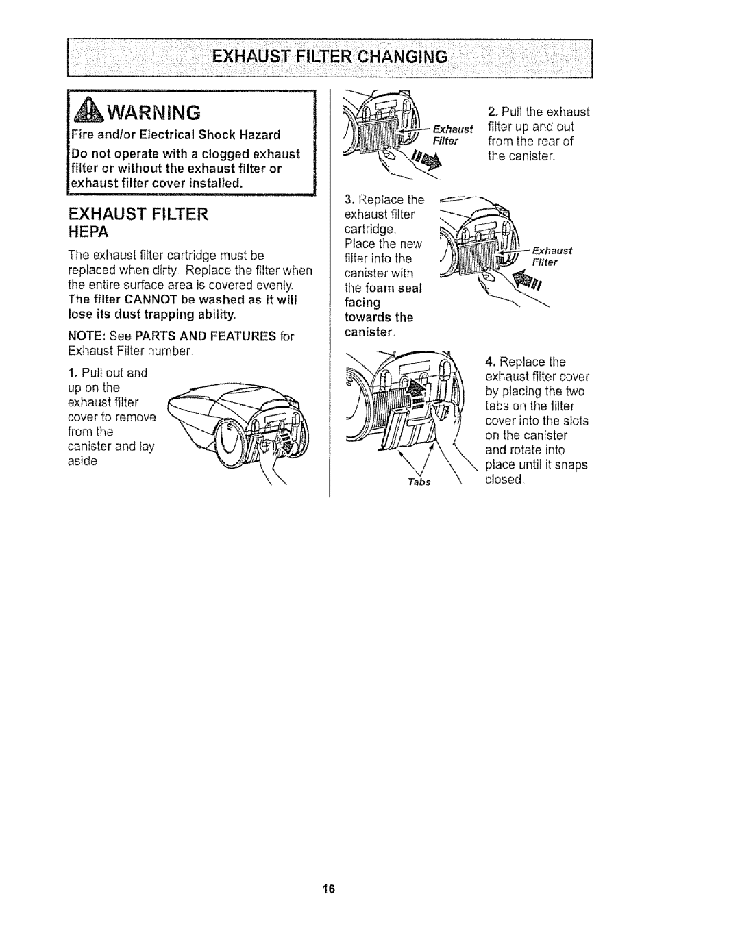 Kenmore 116.27515, 116.27514 owner manual Exhaust Filter Hepa 