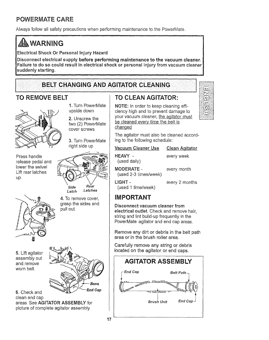 Kenmore 116.27514, 116.27515 Powermate Care, To Remove Belt, To Clean Agitator, Turn PowerMate right side up, Light 