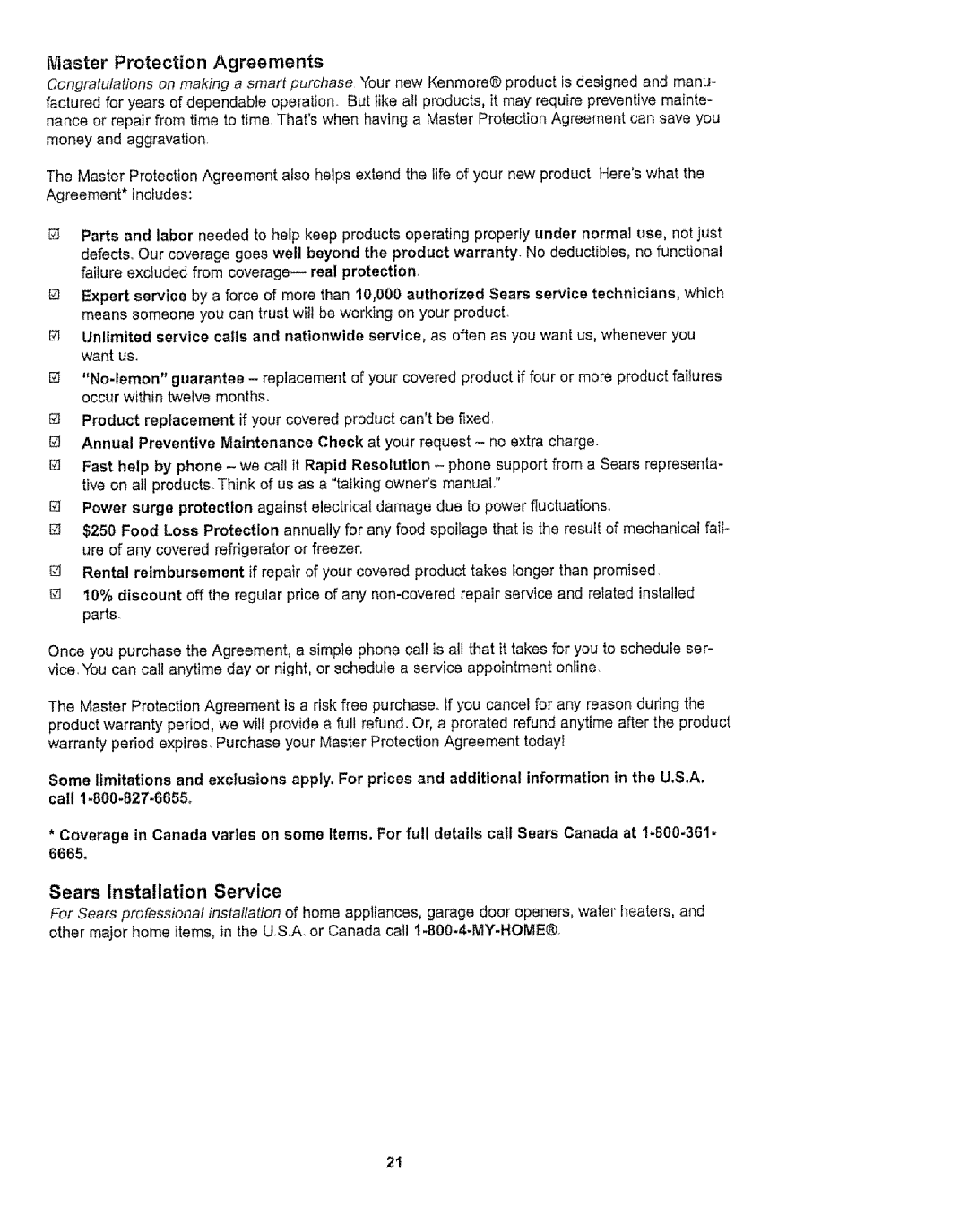 Kenmore 116.27514, 116.27515 owner manual Sears Installation Service, Master Protection Agreements 