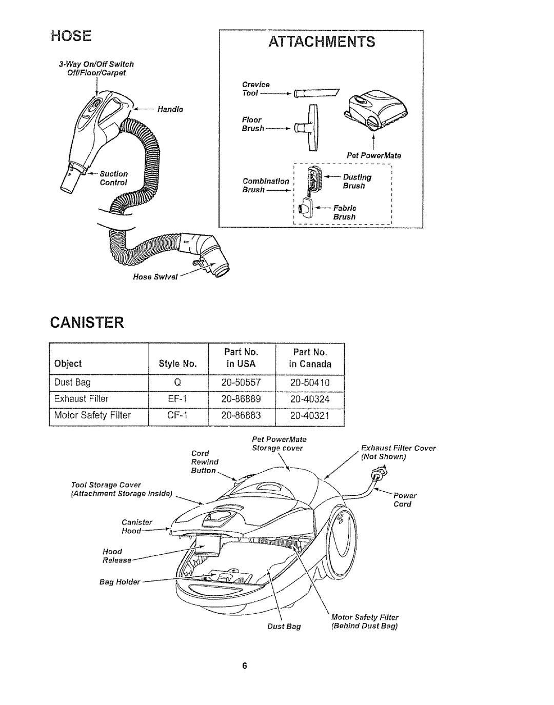 Kenmore 116.27515, 116.27514 owner manual Hoseattachments, Canister, 20-4032i, Ef-I, Cf-I 