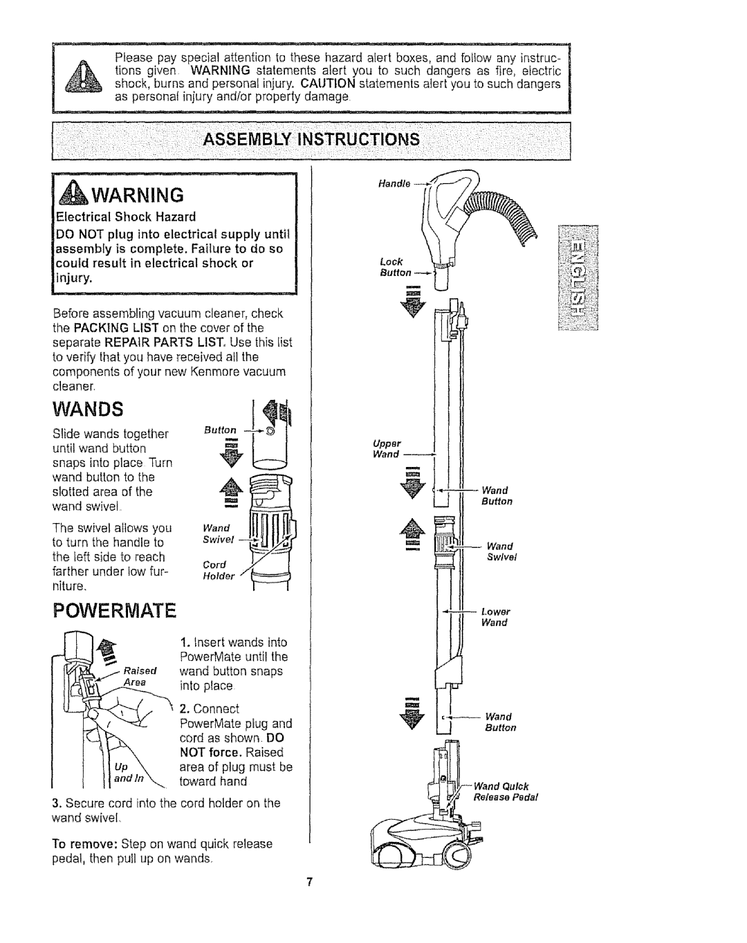 Kenmore 116.27514, 116.27515 owner manual Wands, Poweriviate 