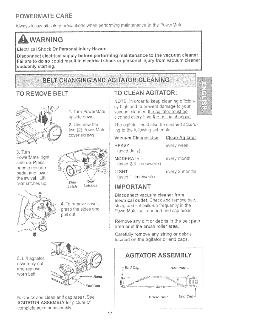 Kenmore 116.27614, 116.27615 owner manual Powermate Care, Agitator Assembly 