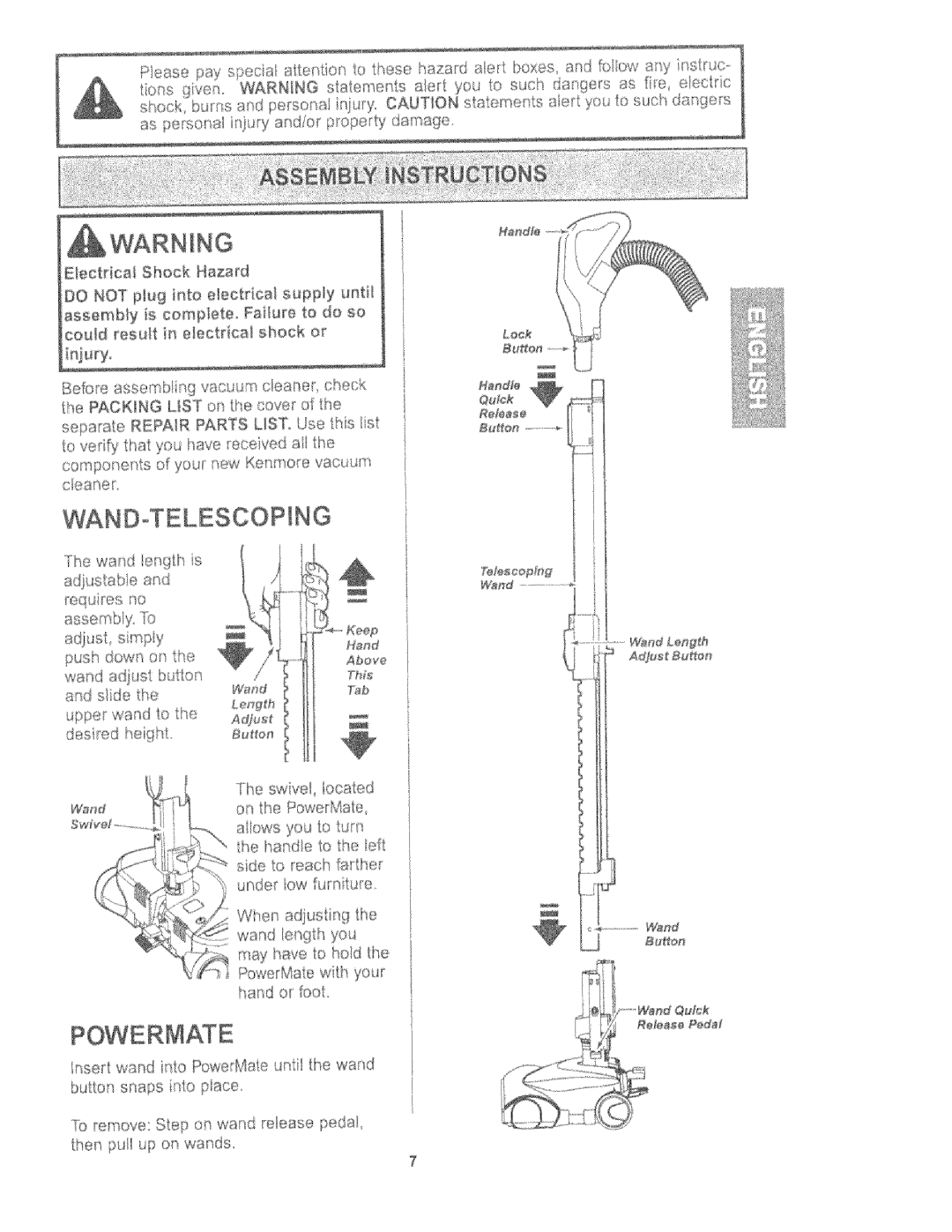 Kenmore 116.27614, 116.27615 owner manual WANDoTELESCOPING 