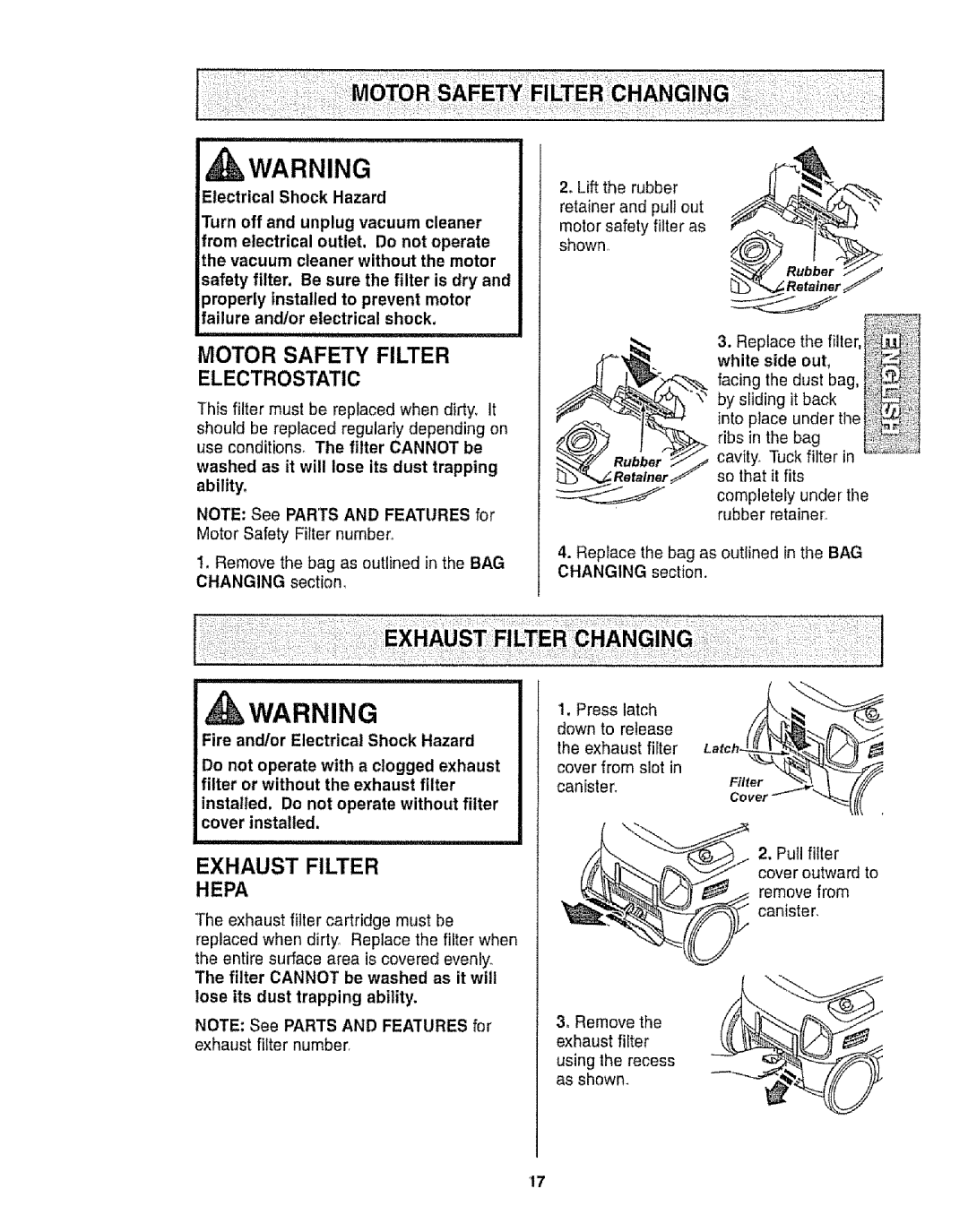 Kenmore 116.28014, 116.28015 owner manual Exhaust Filter Hepa, Remove the bag as outlined in the BAG Changing section 