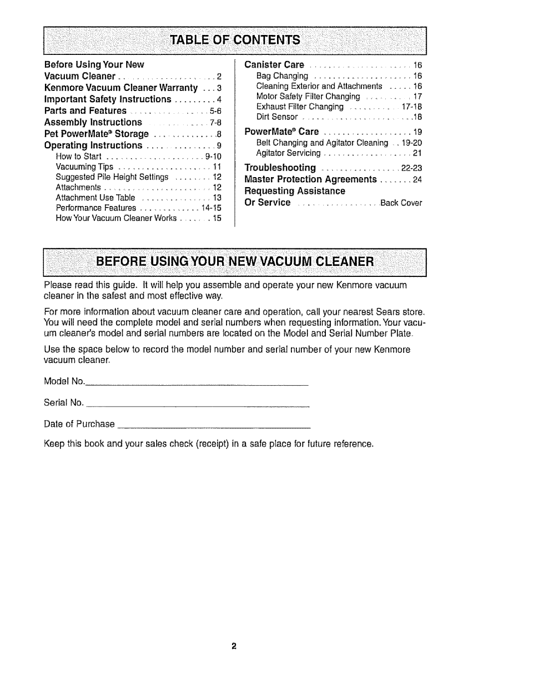 Kenmore 116.28015 Before Using Your New Canister, Kenmore Vacuum Cleaner Warranty . o3, Parts Features, PowerMate 