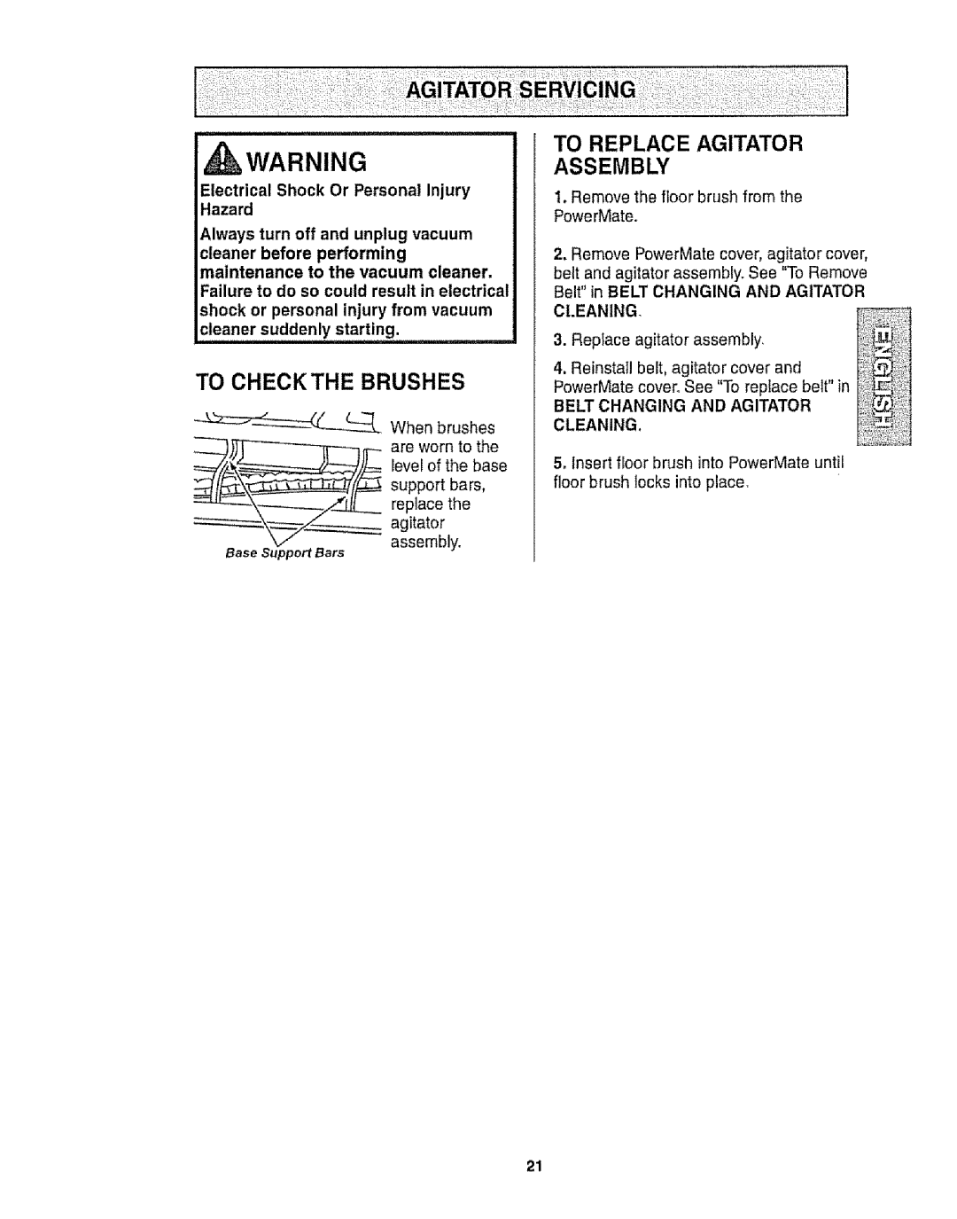 Kenmore 116.28014, 116.28015 owner manual To Checkthe Brushes, To Replace Agitator Assembly 