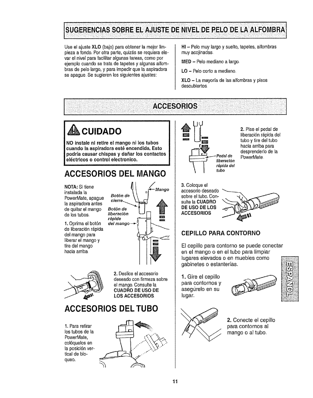 Kenmore 116.28014, 116.28015 owner manual En el mango o en el tubo para limpiar, Instaladata, Oprimael bot6n, De/mango, Tubo 