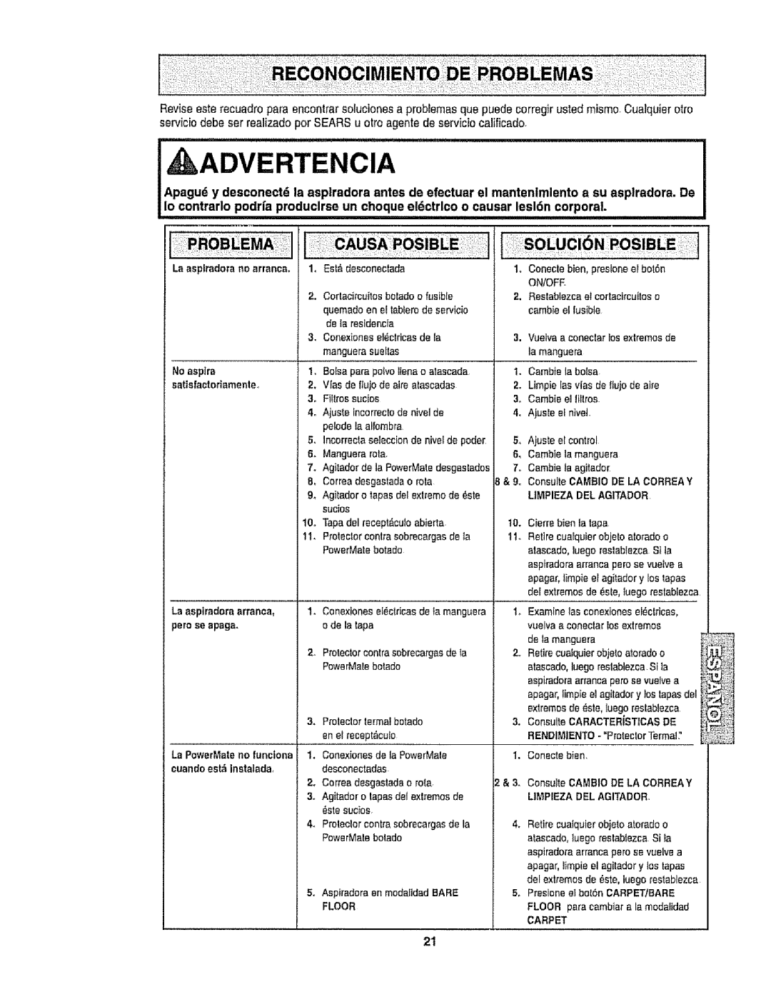 Kenmore 116.28014, 116.28015 owner manual ADVERTENCiA 