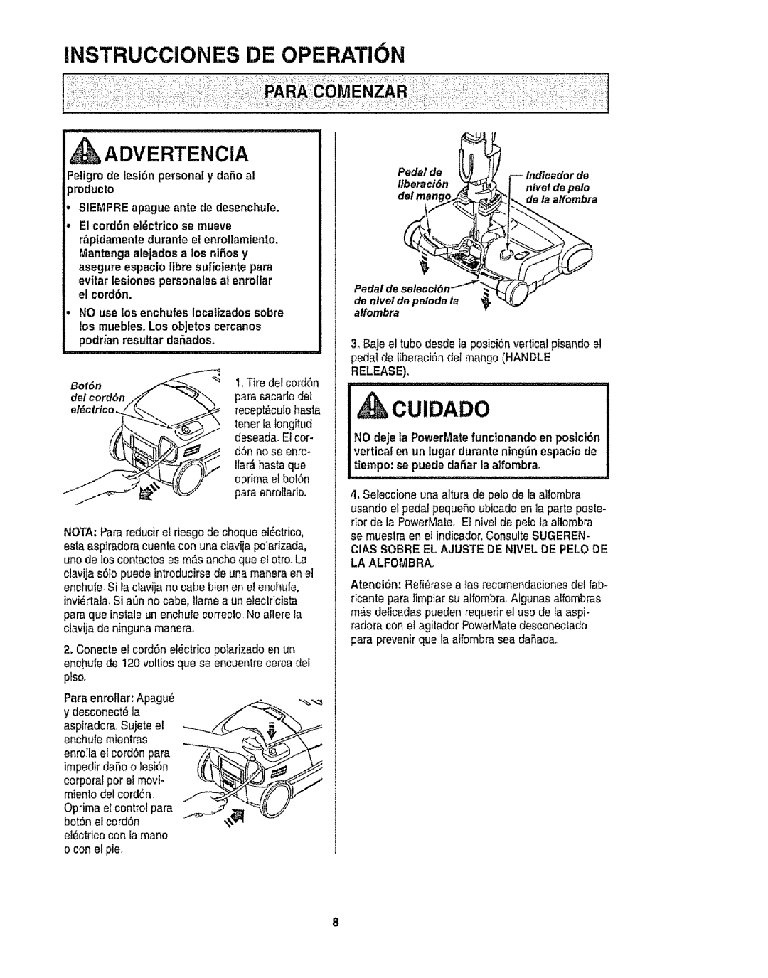 Kenmore 116.28015, 116.28014 owner manual Instrucciones De Operation, Cuidado, Advertencia 