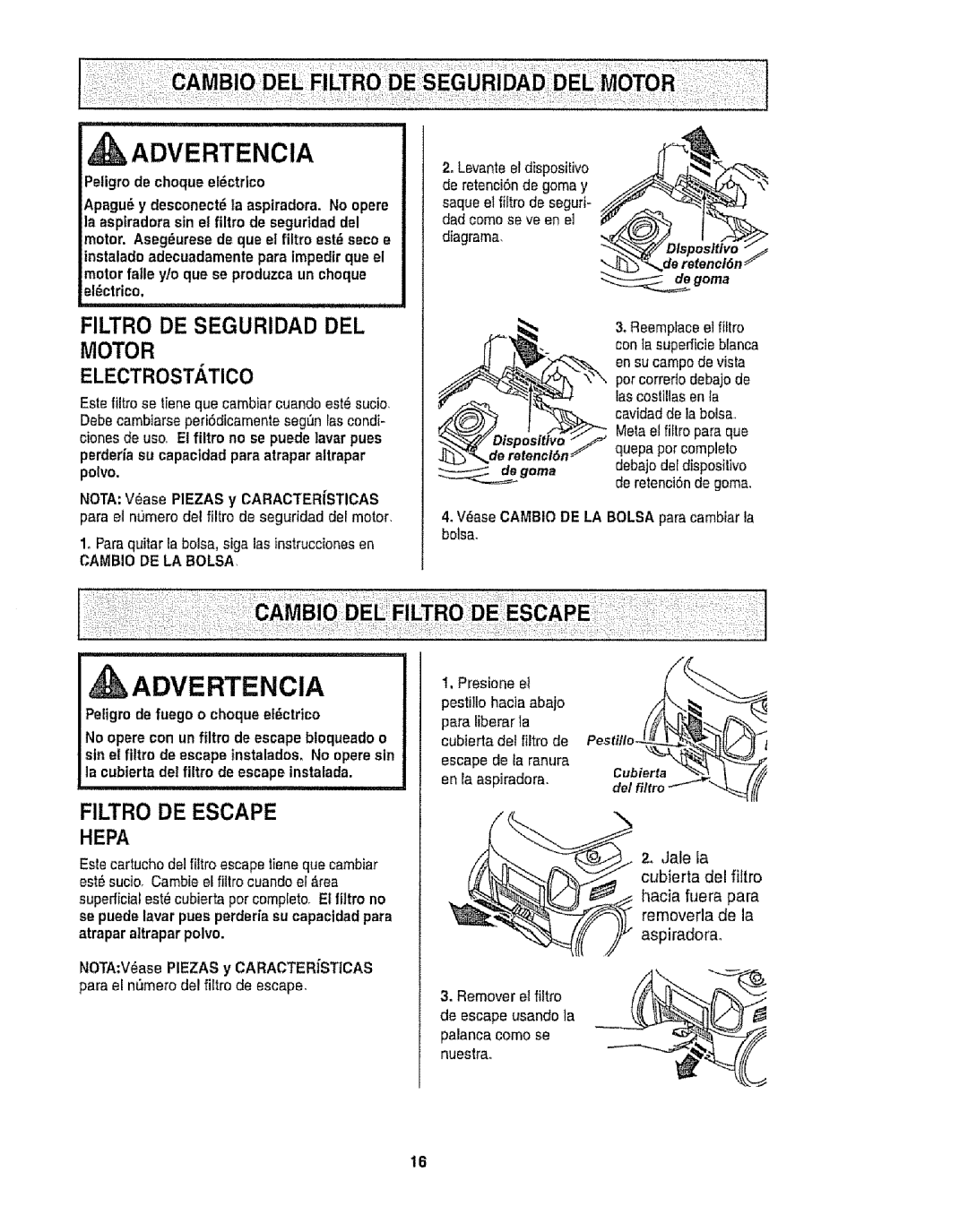 Kenmore 116.28015, 116.28014 owner manual Advertencia, Filtro De Seguridad Del Motor Electrostatico, Filtro De Escape, Hepa 