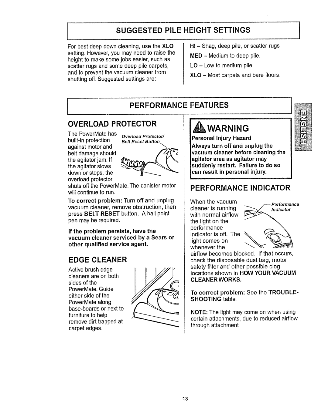 Kenmore 116.28615 owner manual Suggested Pile Height Settings, Performance Features Overload Protector, Edge Cleaner 