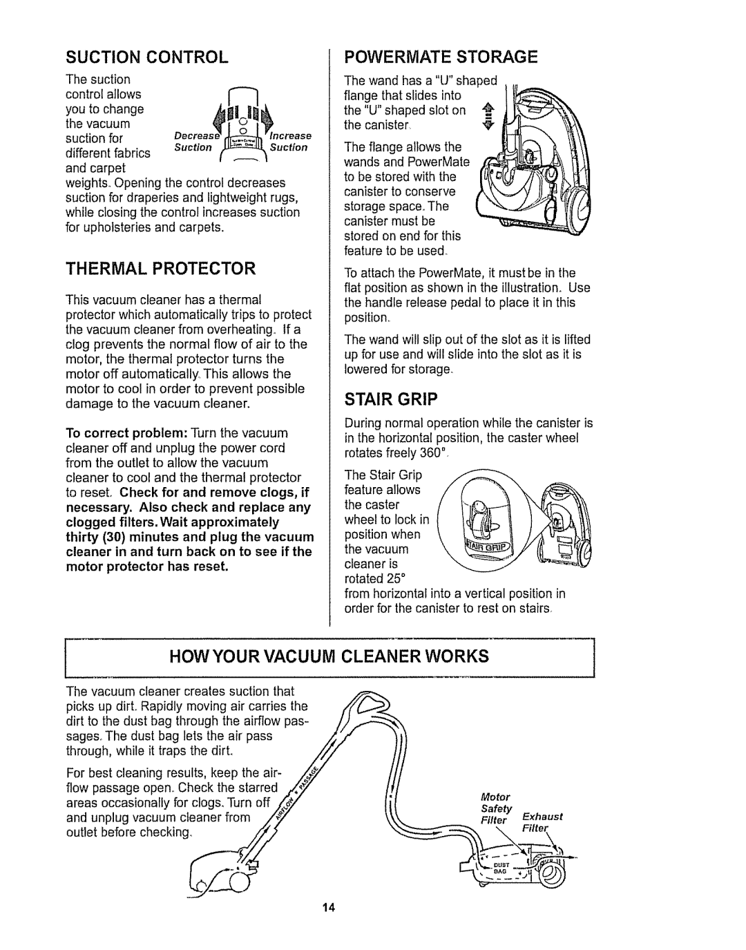 Kenmore 116.28615 Thermalprotector, Powermate Storage, Stair Grip, HOW Your Vacuum Cleaner Works, Suction Control 