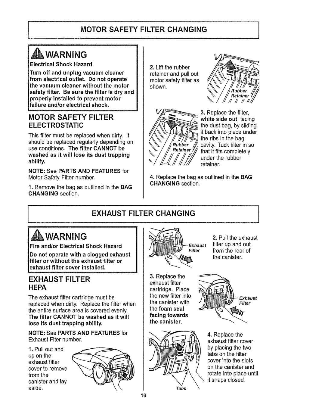 Kenmore 116.28615 owner manual Motor Safety Filter Changing, Motor Safety Filter Electrostatic, Exhaust Filter Changing 