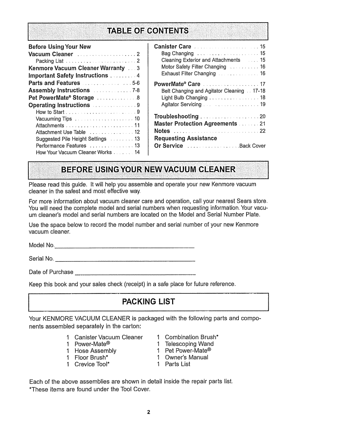 Kenmore 116.28615 owner manual Packing List 