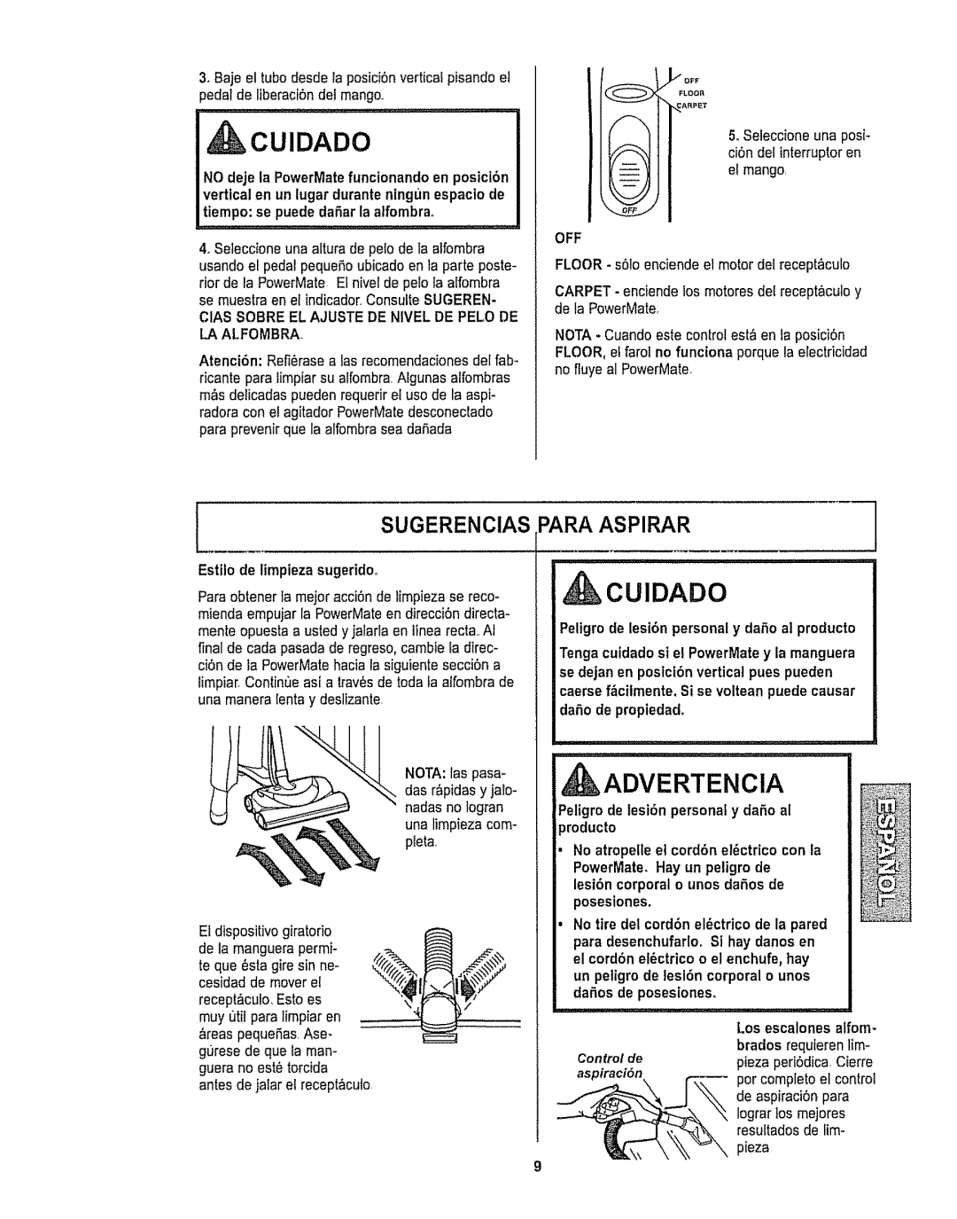 Kenmore 116.28615 owner manual Advertencia, Sugerencias Para Aspirar, Aspiraci6n 