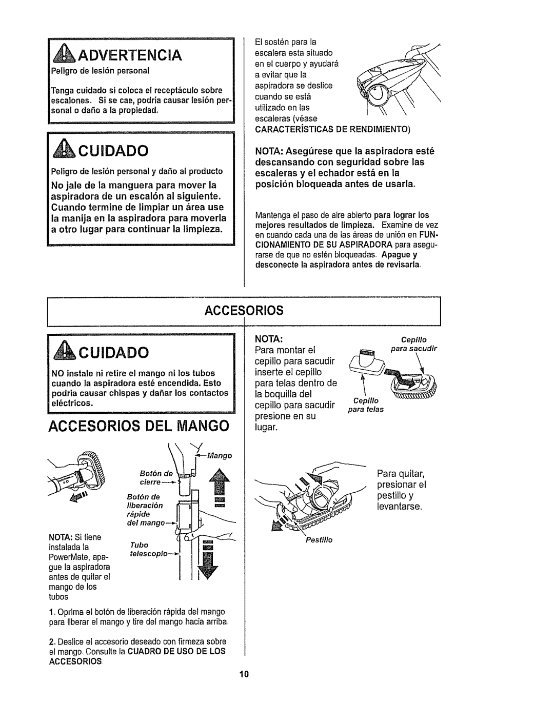 Kenmore 116.28615 owner manual Cuidado, Accesorios DEL Mango, Iaccesorios, Pestillo 