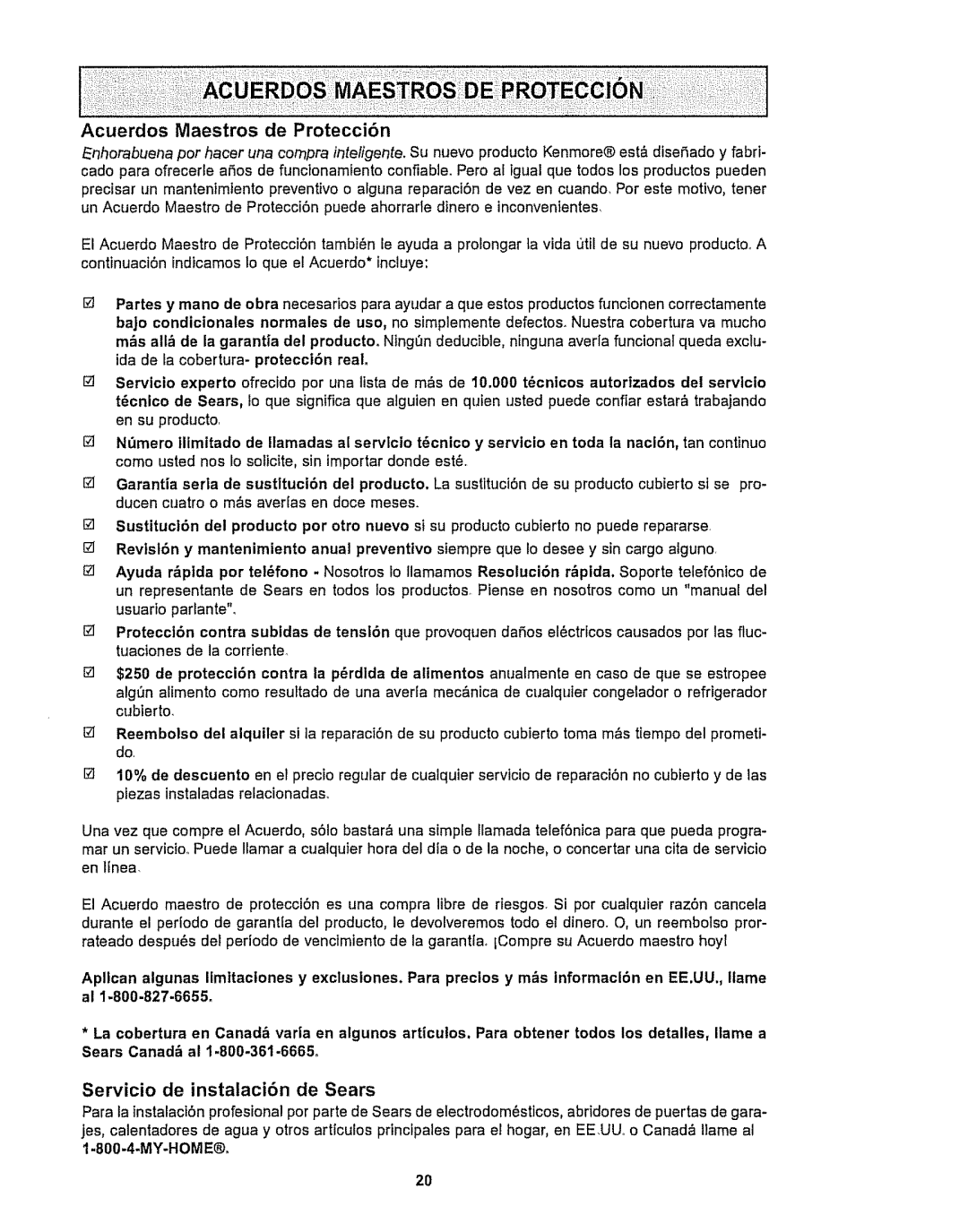 Kenmore 116.28615 Servicio Experto ofrecido por una, I0.000, Autorizados Del servlcio, Per otto, $250 de protecci6n Contra 